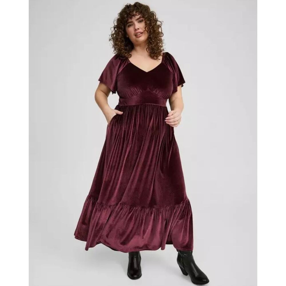Torrid Winetasting Velvet Stretchy V-Neck Flutter Sleeve Surplice Maxi Dress 3X - Picture 2 of 13